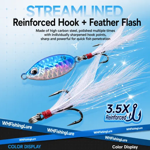 Reinforced feather hook on long casting micro jig