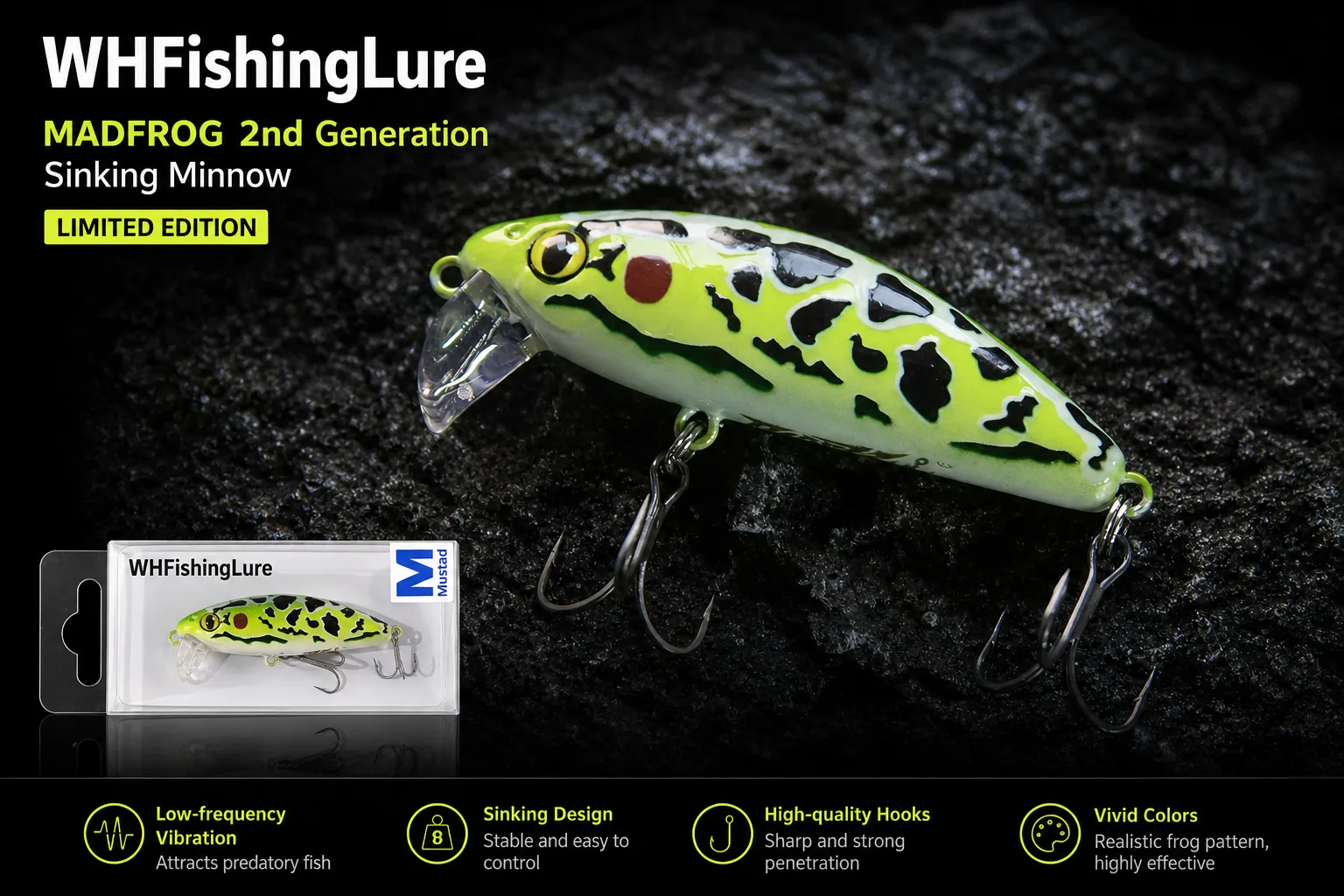 2nd generation sinking minnow lure with realistic frog pattern and sharp hooks
