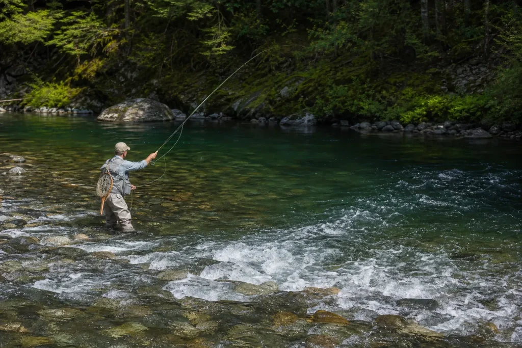 Fly angler wading in a clear river casting upstream toward a deep trout holding area