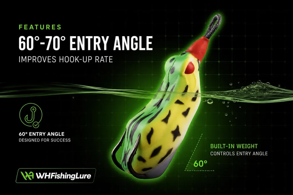 Topwater frog lure with optimized 60 degree hook angle