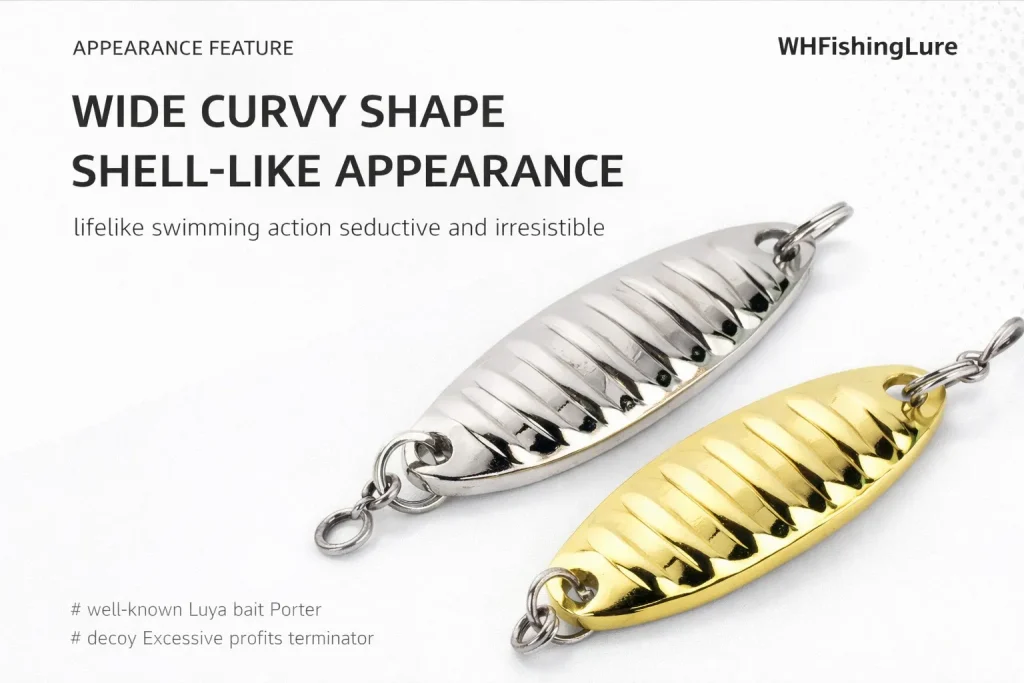 Wide curved micro spoon lure with shell-shaped profile creating lifelike swimming action for ultralight fishing.