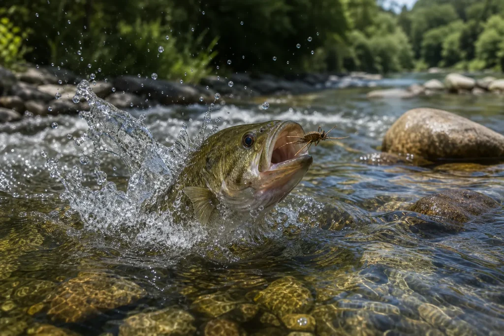 Smallmouth bass taking a foam terrestrial fly on the surface of a shallow rocky river riffle