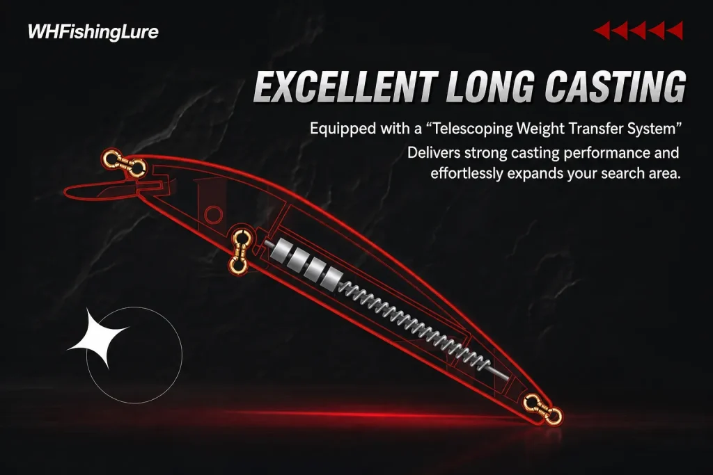 Long casting minnow lure with telescoping weight transfer system