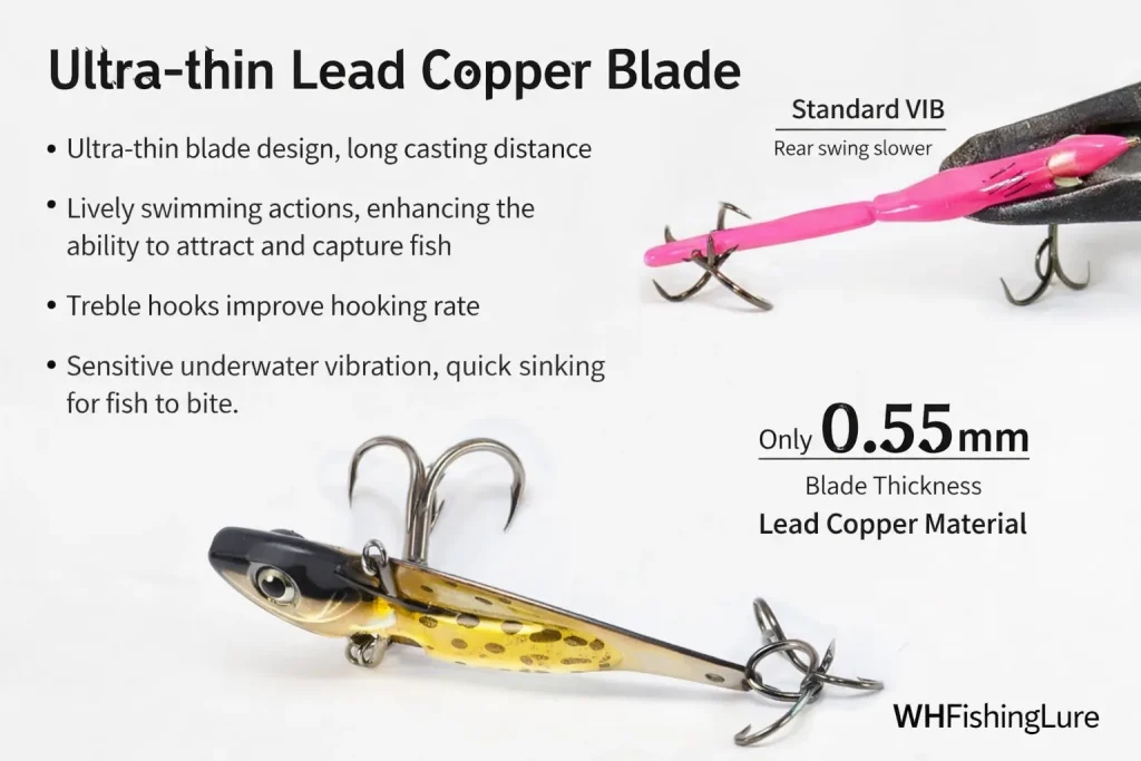 Ultra-thin blade design, long casting distance Lively swimming actions ， enhancing the ab 山 ty to attract and capture fish TrebIe hooks improve hooking rate Sensitive underwater vibration ， quick sinking for fish to bite.