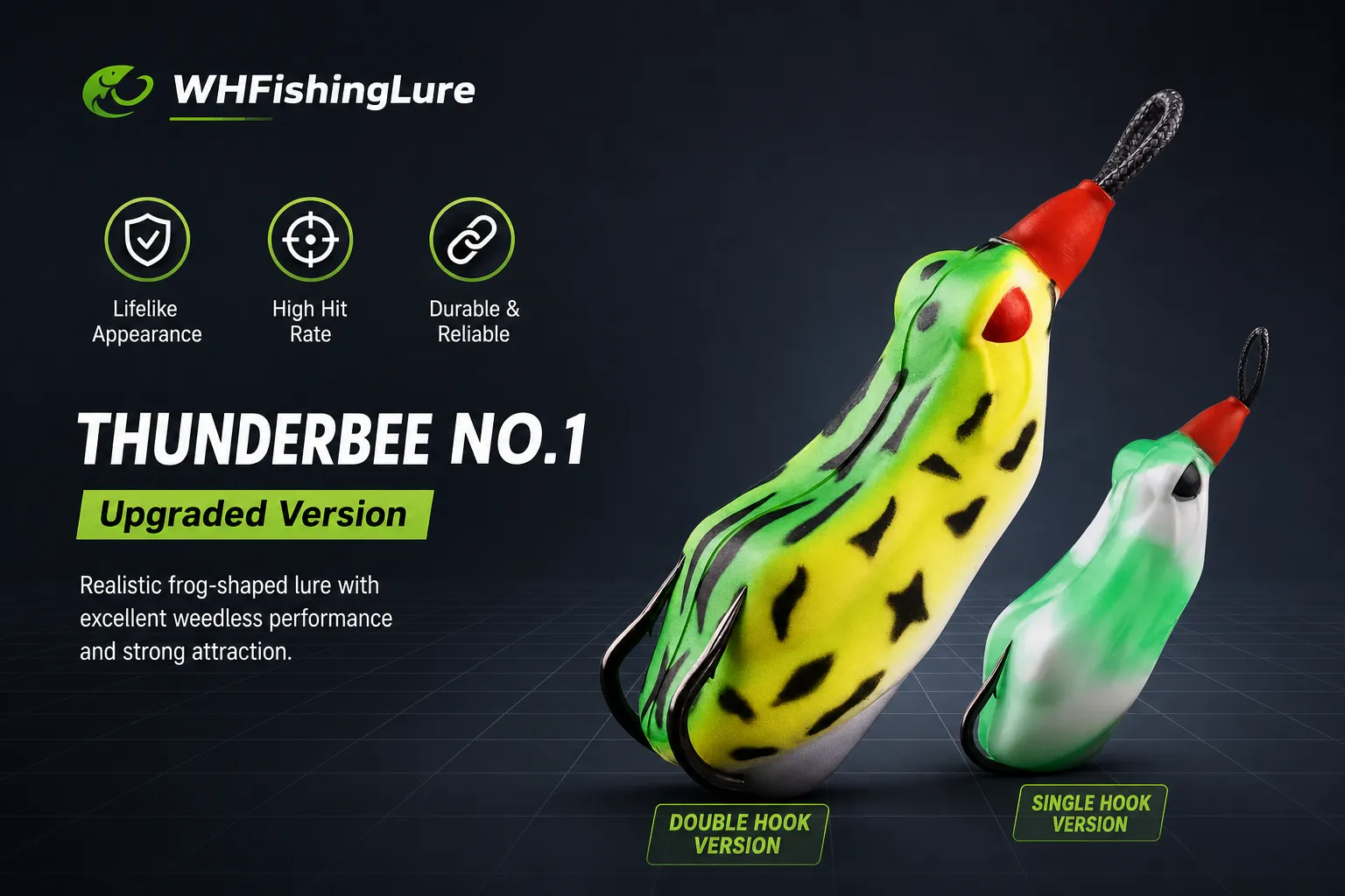Weedless topwater frog lure with single and double hook options