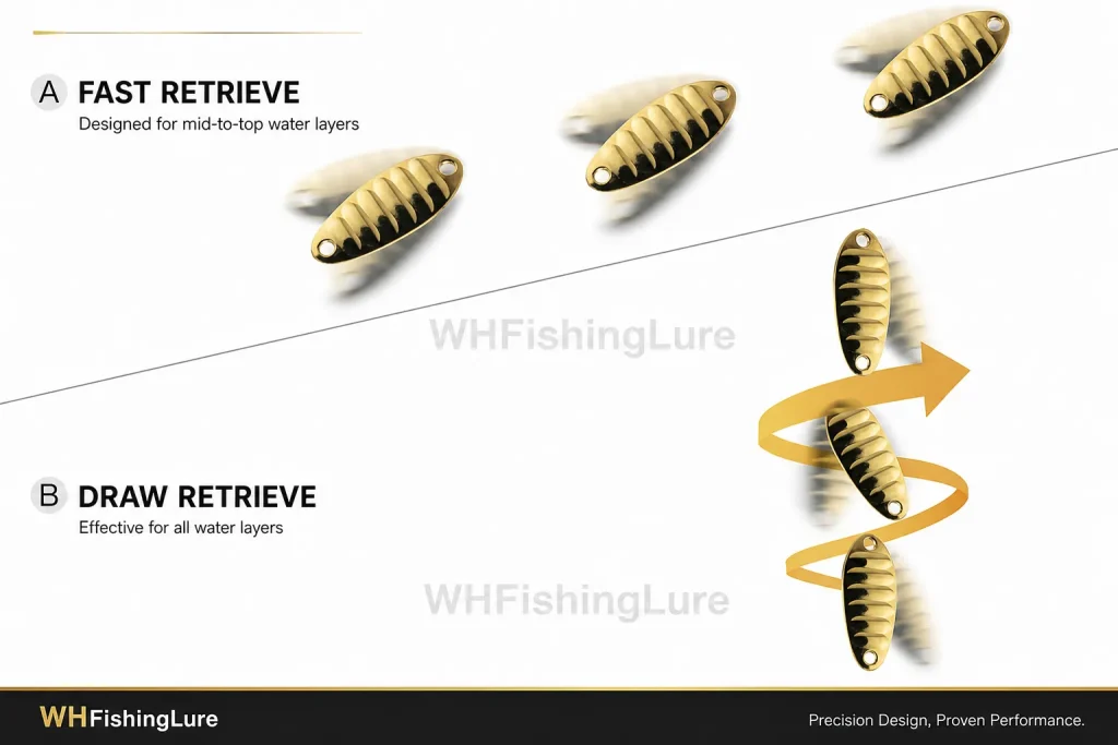 Ultralight flutter spoon lure showing fast and slow retrieve techniques for fishing different water depths and targeting freshwater predator fish.