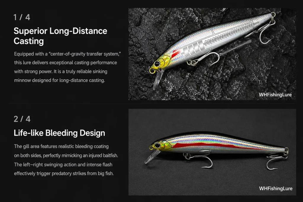 Sinking minnow lure with center gravity transfer system and realistic bleeding gill design for predator fishing