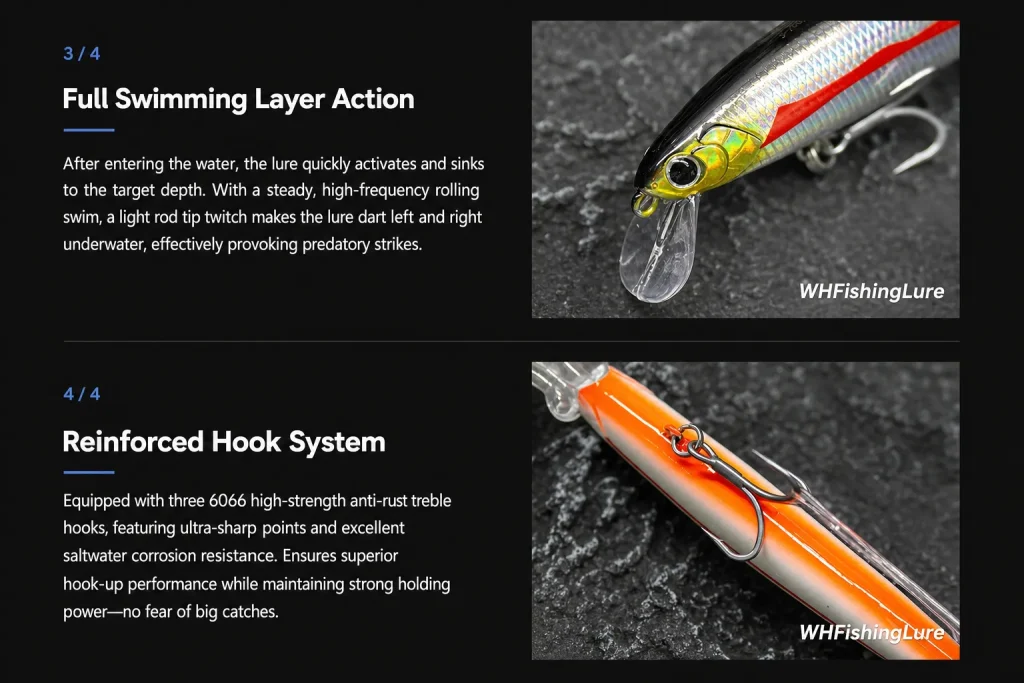 Sinking minnow fishing lure with high frequency rolling action and reinforced treble hook system