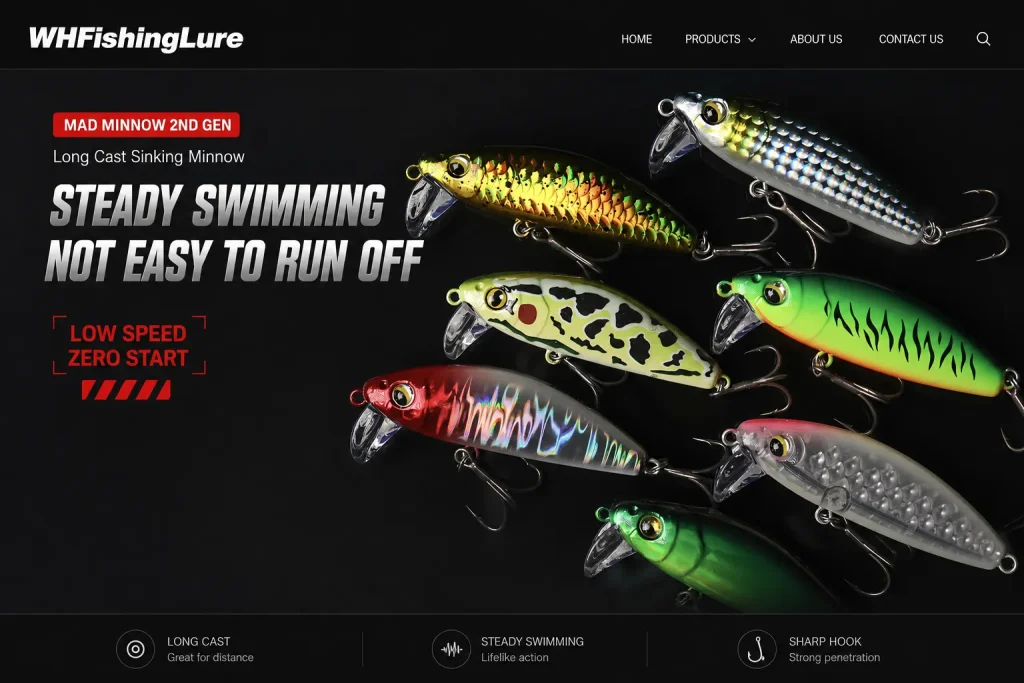 long casting sinking minnow lure with low speed swimming action