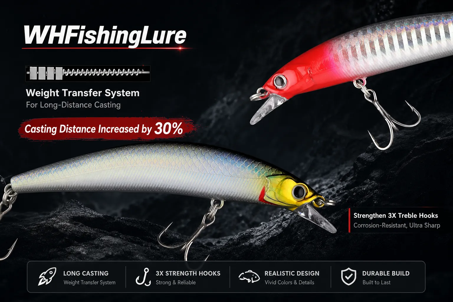 Long casting suspending minnow lure with weight transfer system