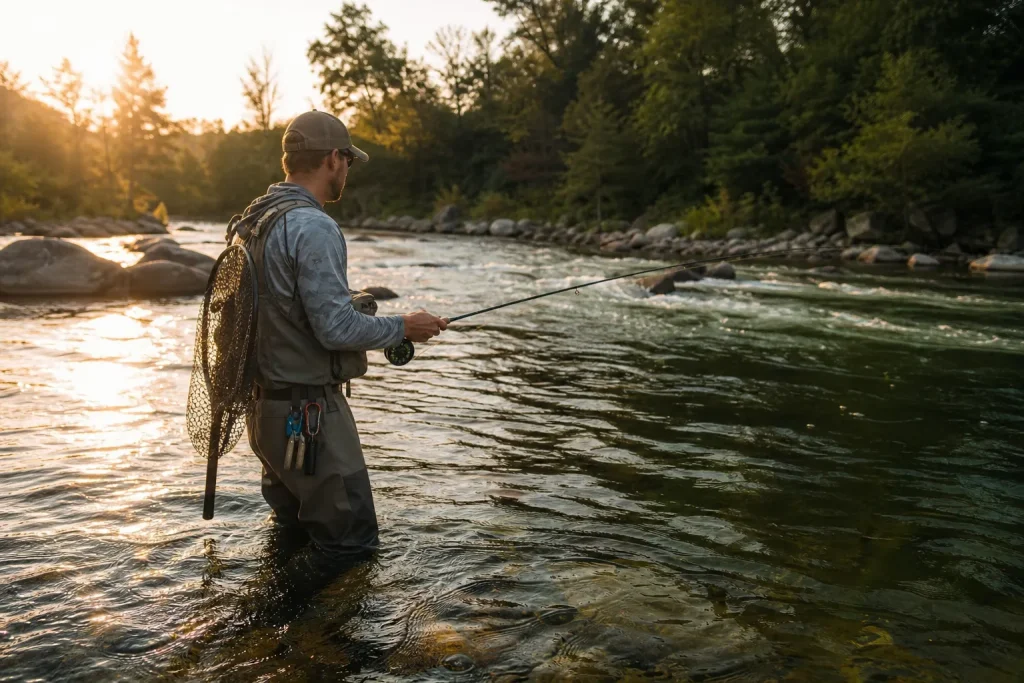 Fly angler wading a river while targeting smallmouth bass with a fly rod