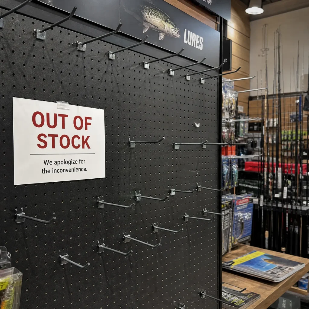Empty fishing lure display hooks with an out of stock sign in a tackle shop