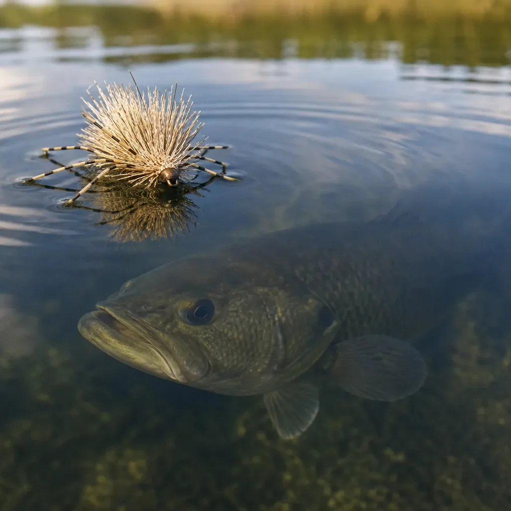 Deer hair Dahlberg Diver fly floating on clear water above a bass