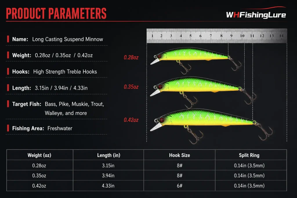 Suspending minnow lure specifications including weight and hook size
