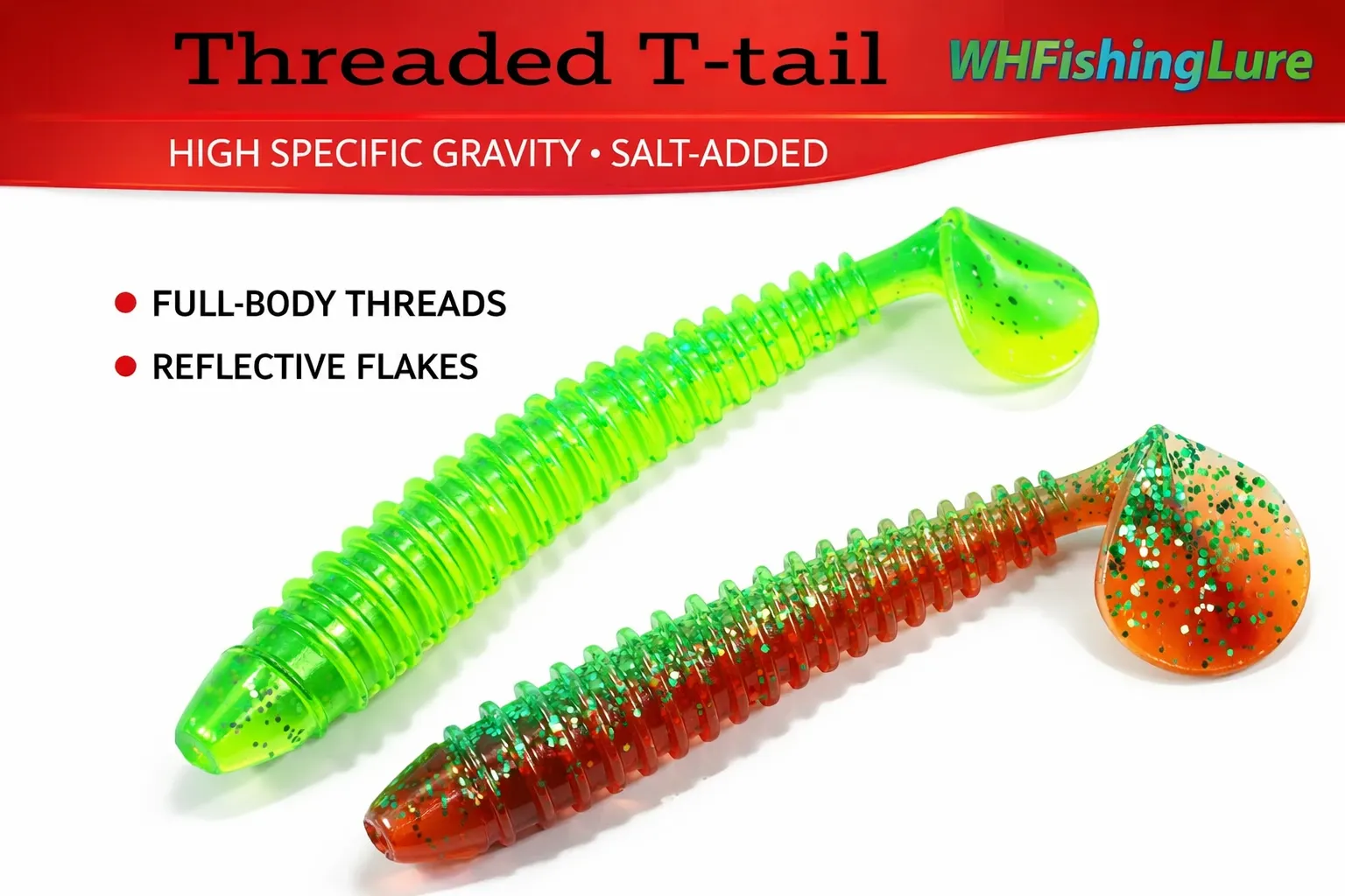 Ribbed T-tail soft plastic swimbait featuring reflective flakes, salt-infused material, and a realistic swimming action for freshwater predator fishing.