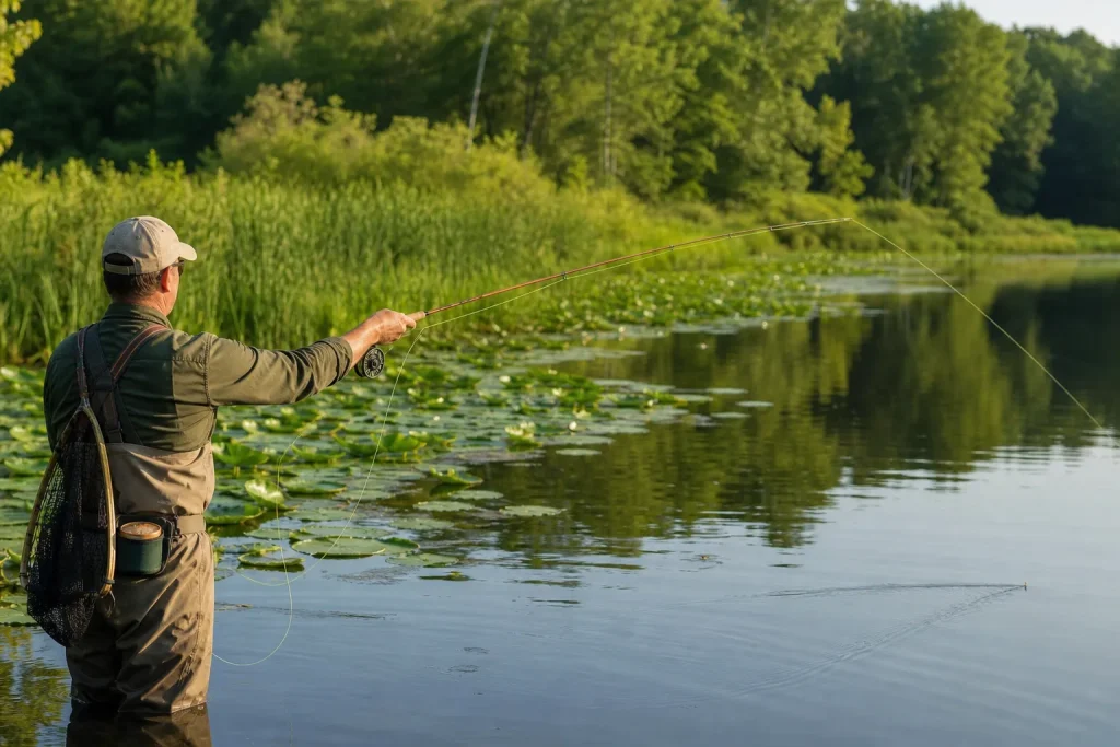 Fly angler presenting a hair bug fly with a V wake near lily pads