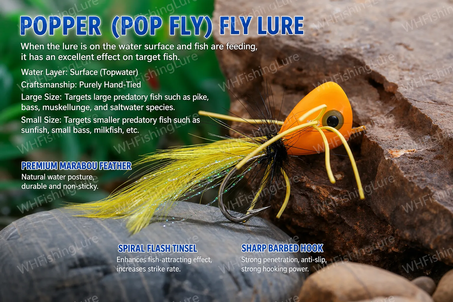 Hand tied Popper Fly Lure floating on water surface for bass fishing