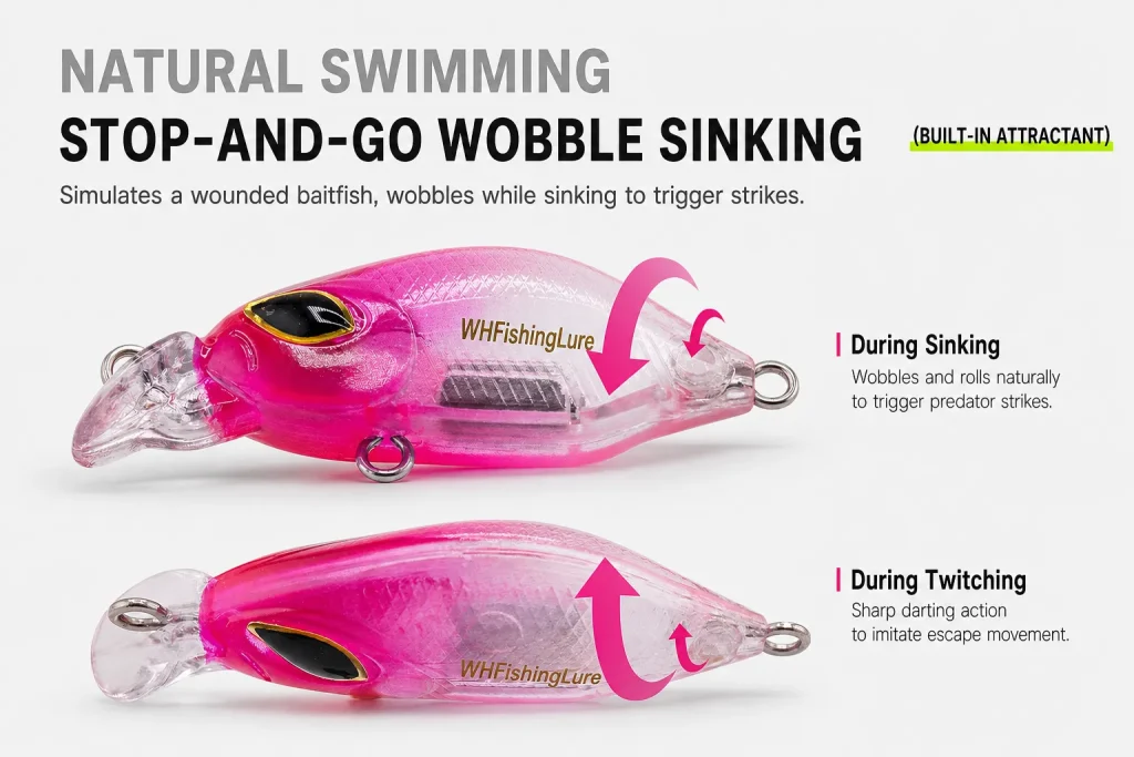 Stop and go sinking crankbait lure with wobbling action