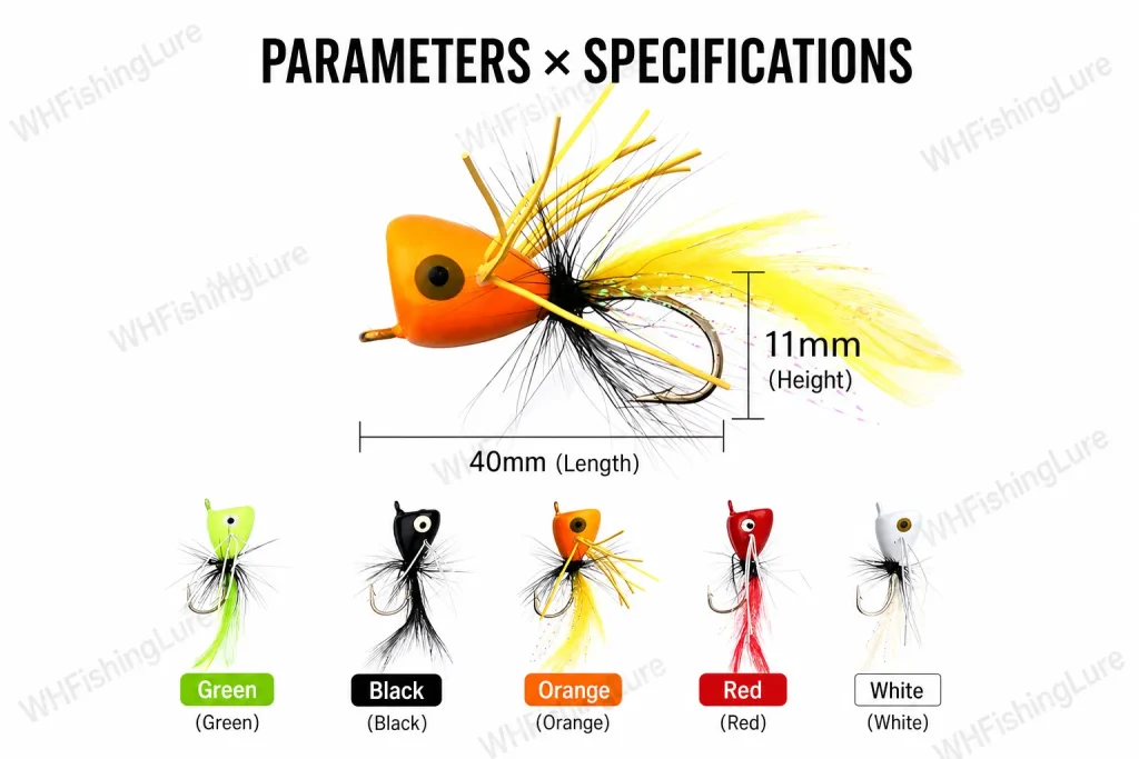 40mm Popper Fly Lure size specifications and color options