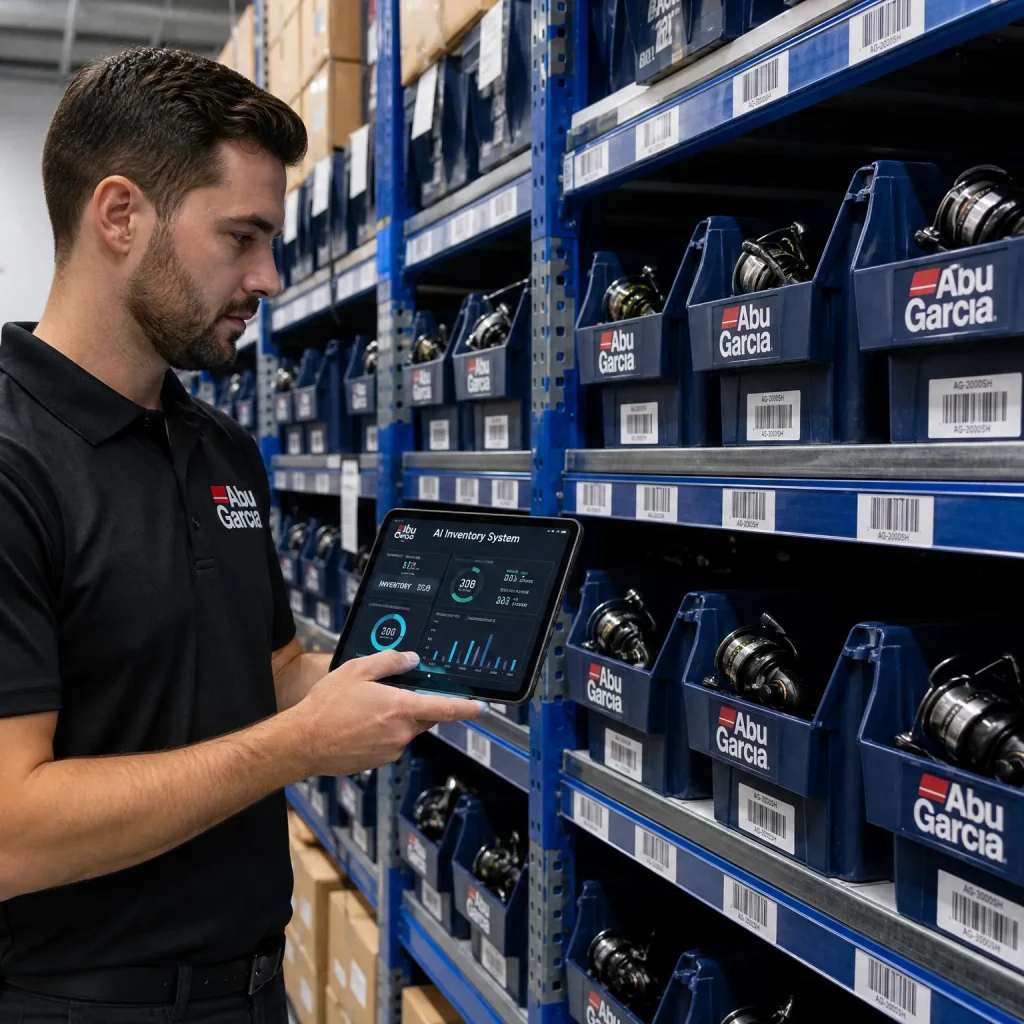 Warehouse worker using AI inventory management system to scan fishing reels in a tackle warehouse
