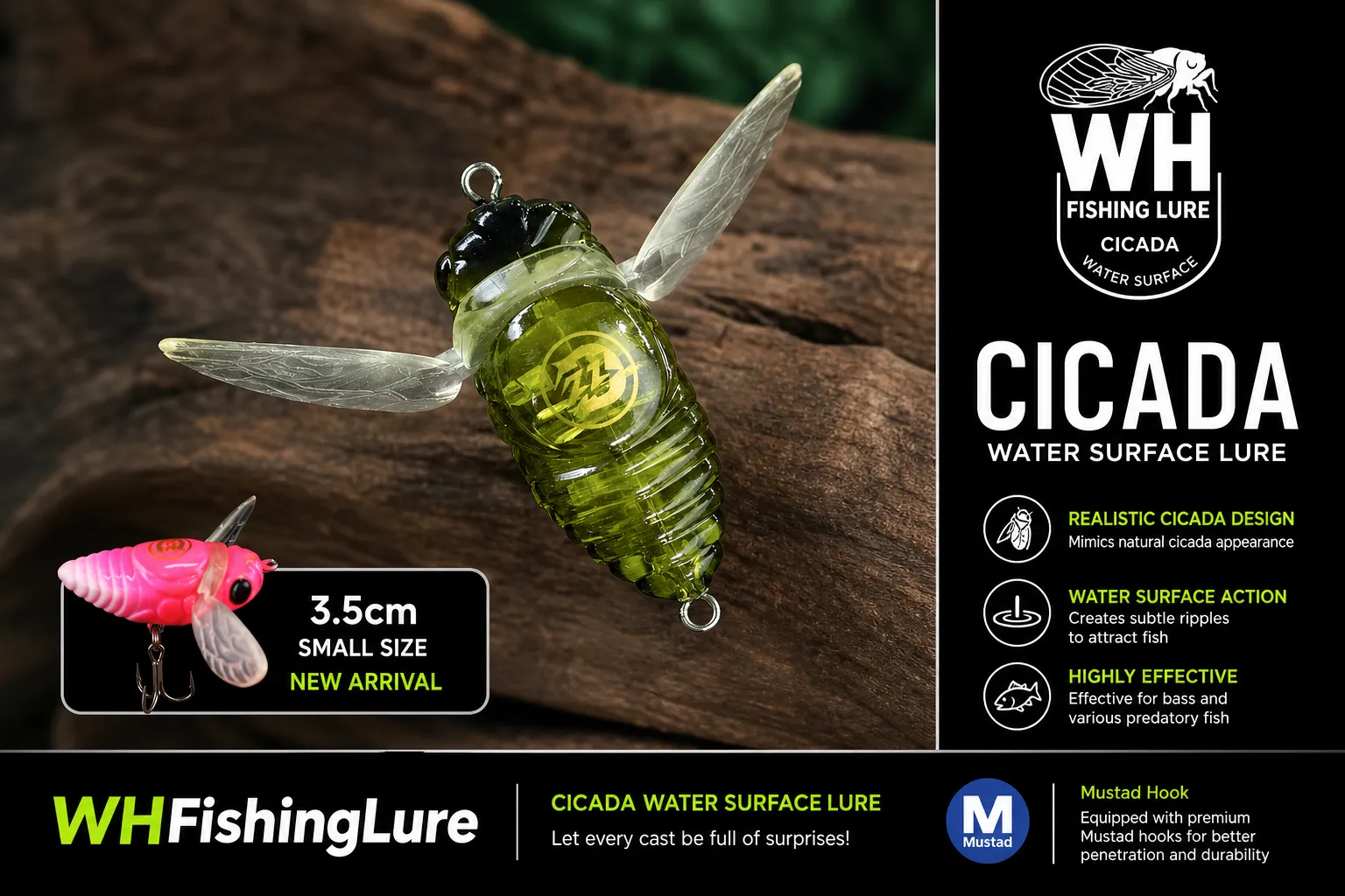 Topwater cicada fishing lure with Mustad hooks for bass fishing