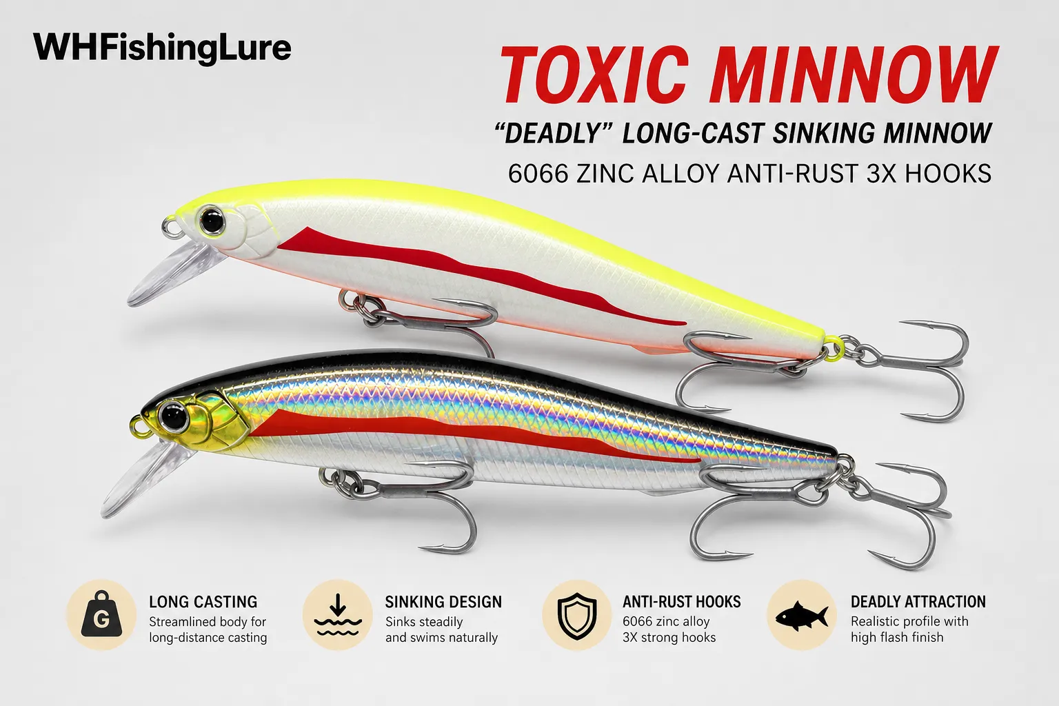 Long casting sinking minnow lure featuring streamlined body, zinc alloy construction and three anti-rust treble hooks