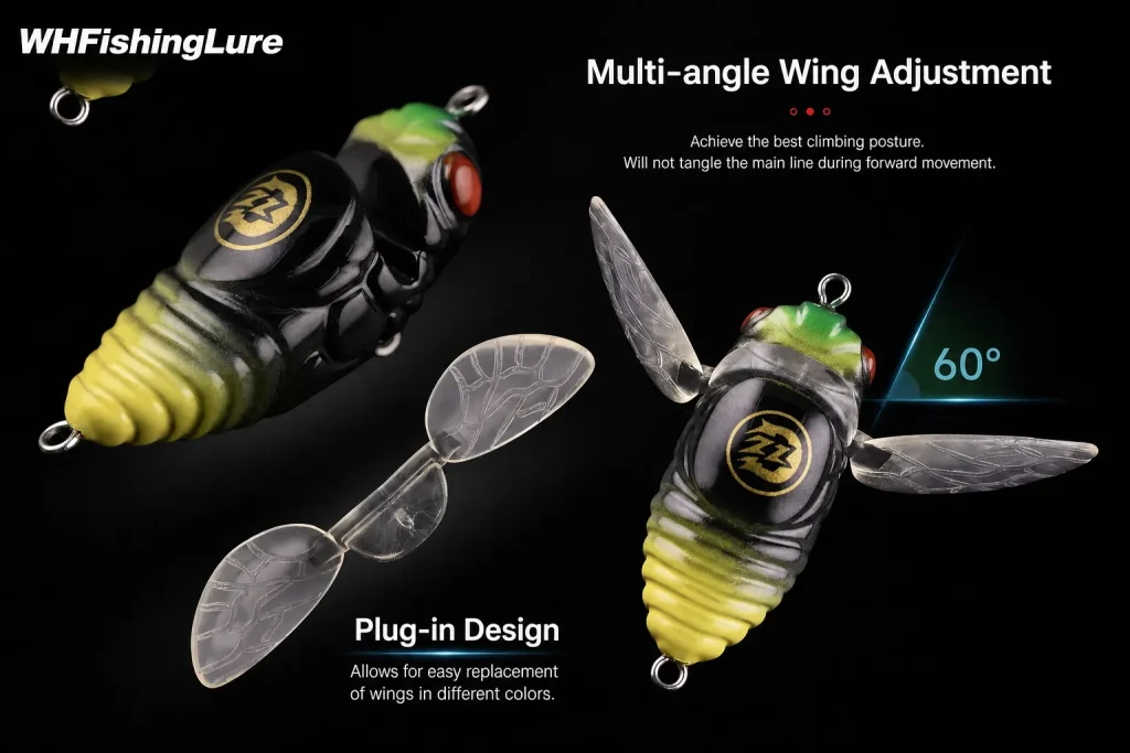 Adjustable wing topwater cicada lure