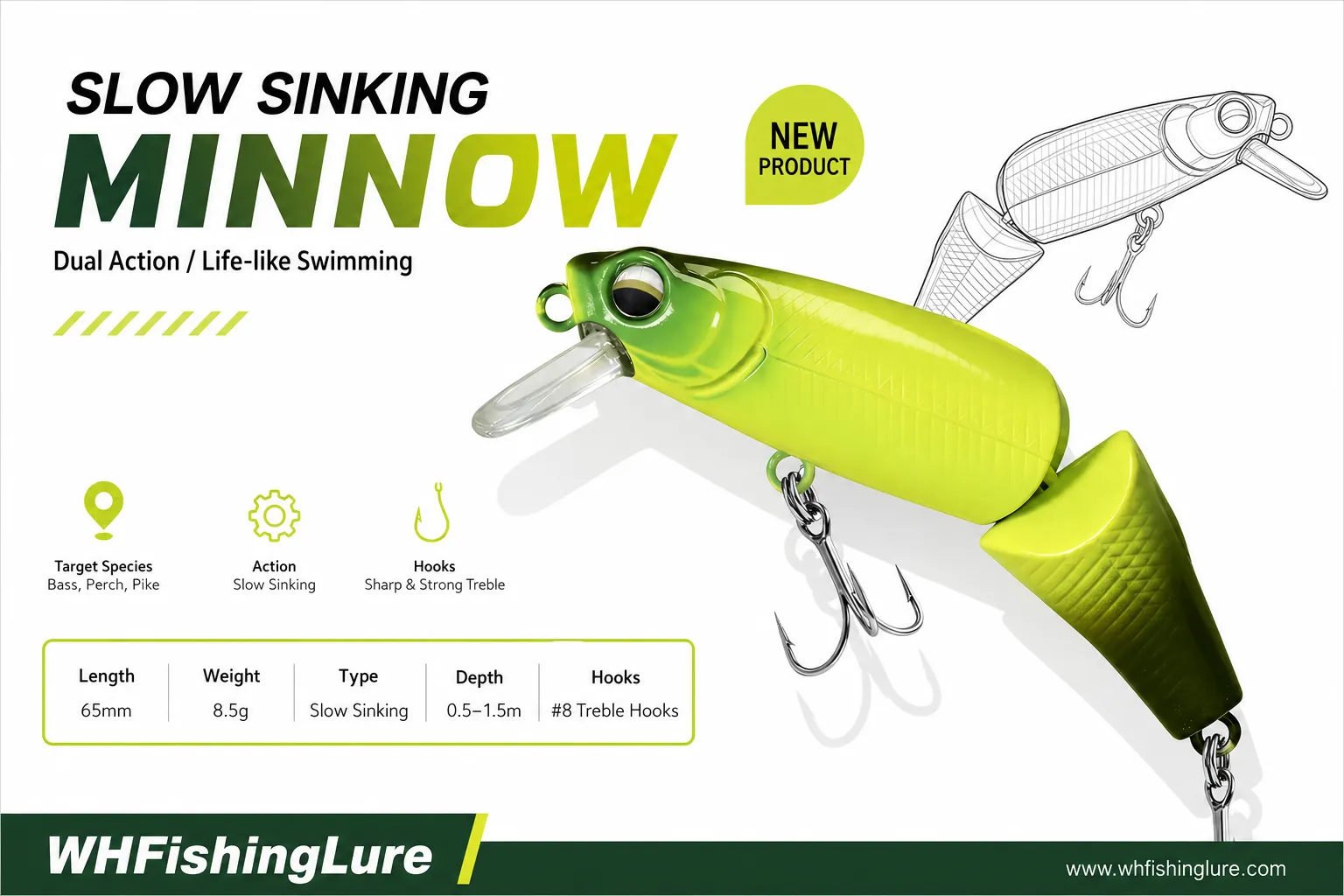 Jointed Slow Sinking Minnow with Built-in Rattle for Bass Fishing