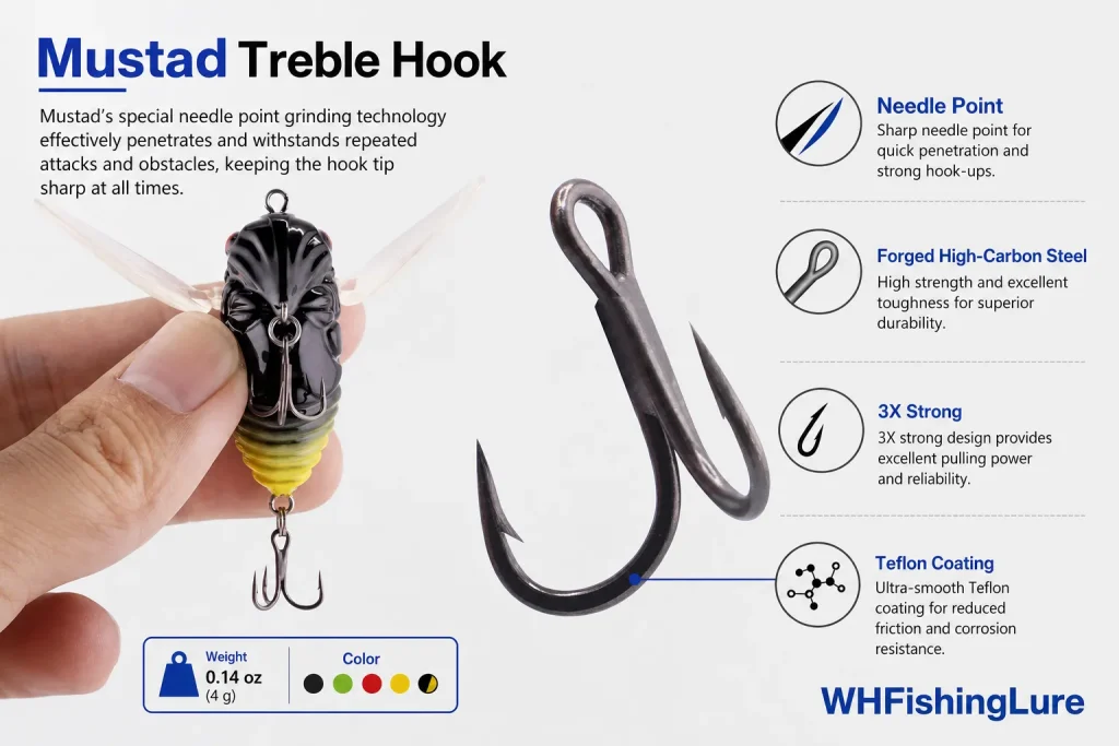 Mustad treble hooks on cicada fishing lure