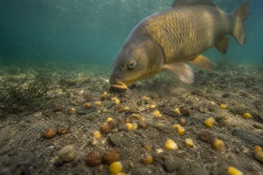 Carp hovering over tiger nuts and sweetcorn on a gravel lakebed