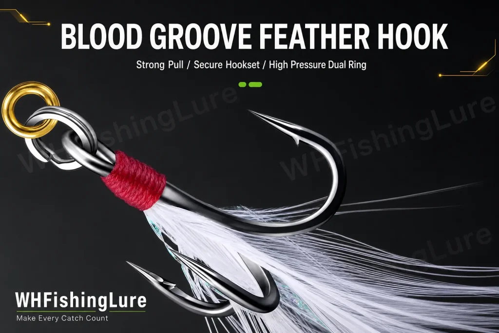 Spinner lure with feather treble hook and reinforced hook connection