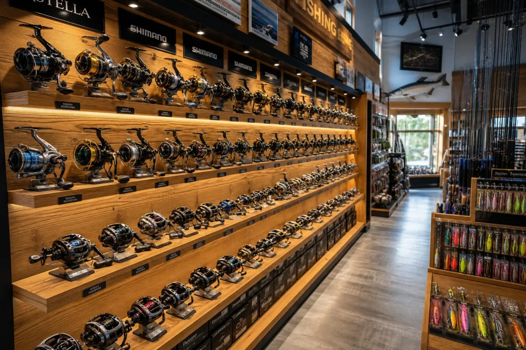 Premium spinning and baitcasting reels displayed in a modern fishing tackle shop
