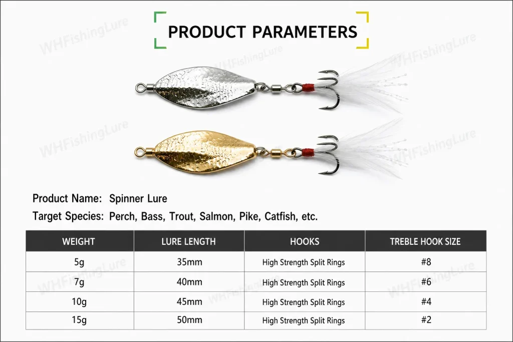 Spinner lure specifications 5g 7g 10g 15g with treble hook sizes