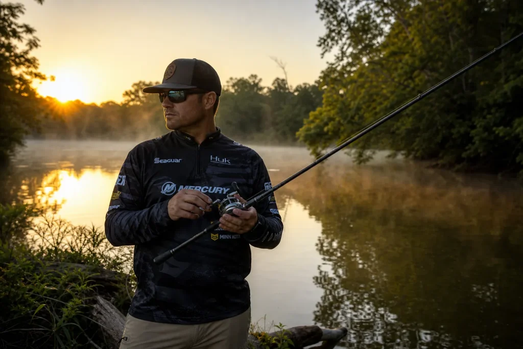 Bass angler holding a baitcasting rod and reel on a wooded lake shoreline at sunrise