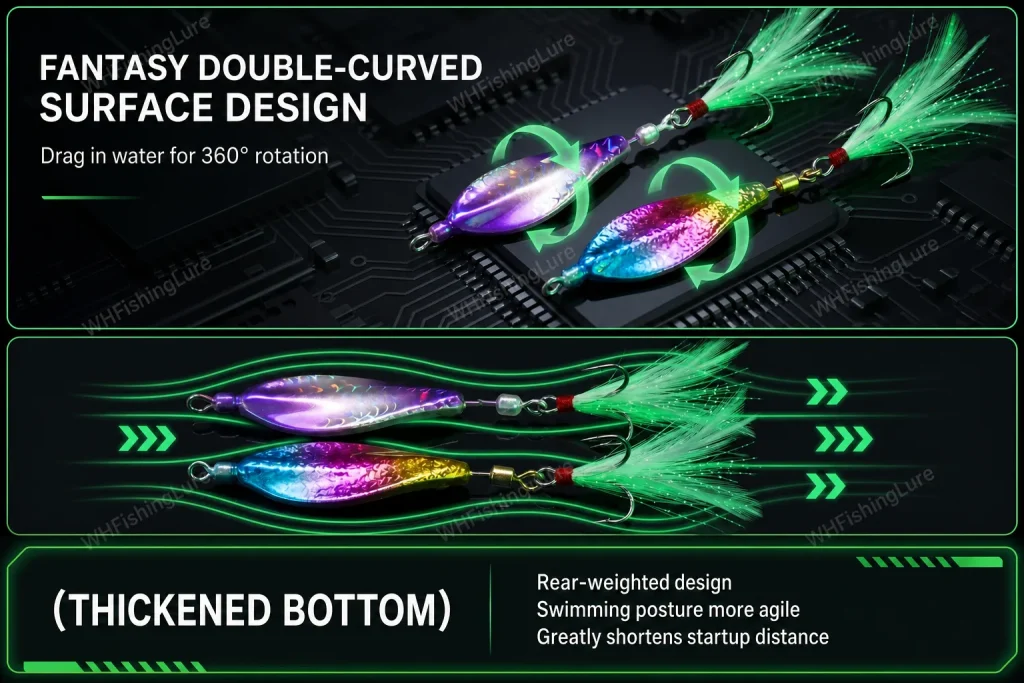 Rear-weighted spinner lure with double-curved body design