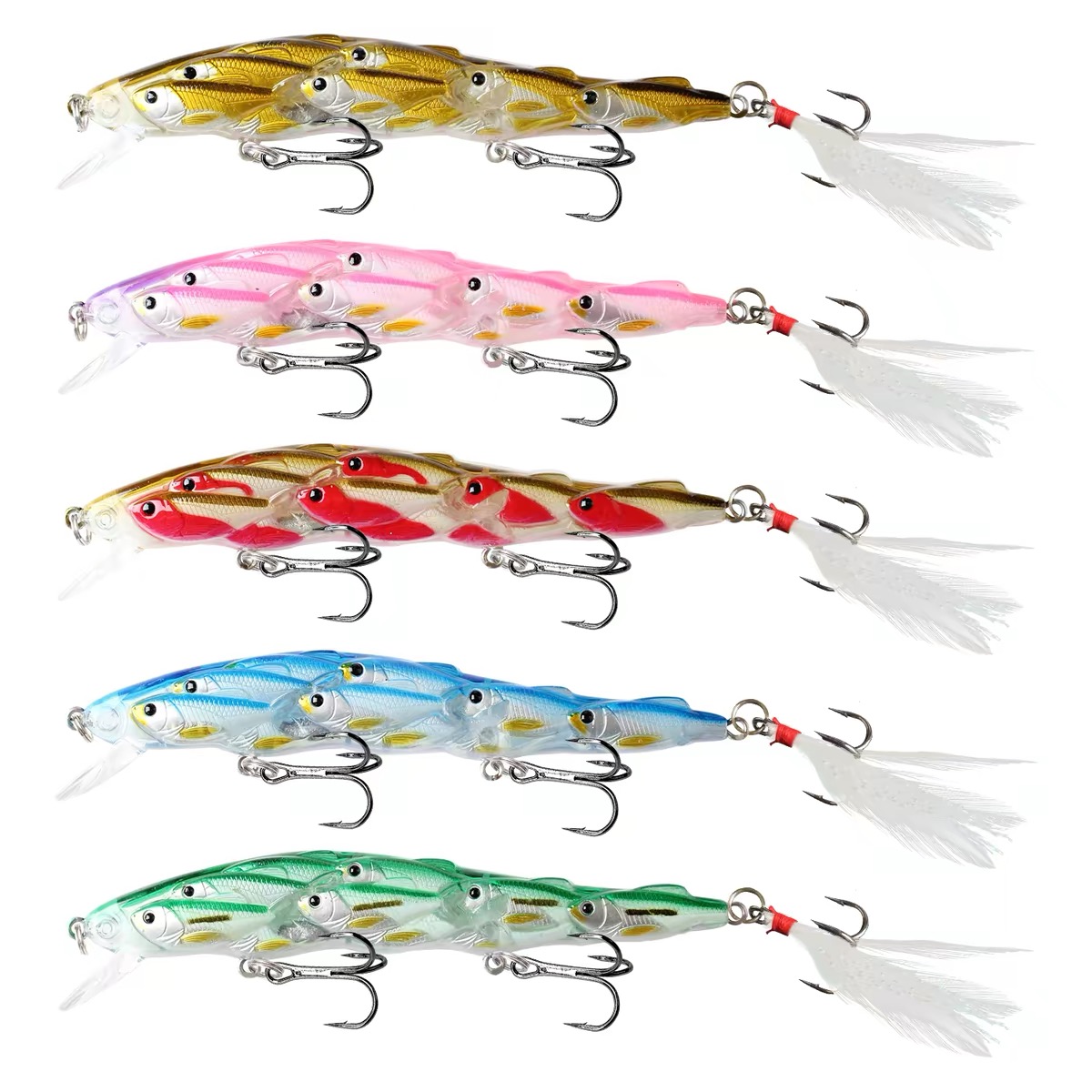 Five color options of 12cm jointed minnow lure with realistic baitfish design