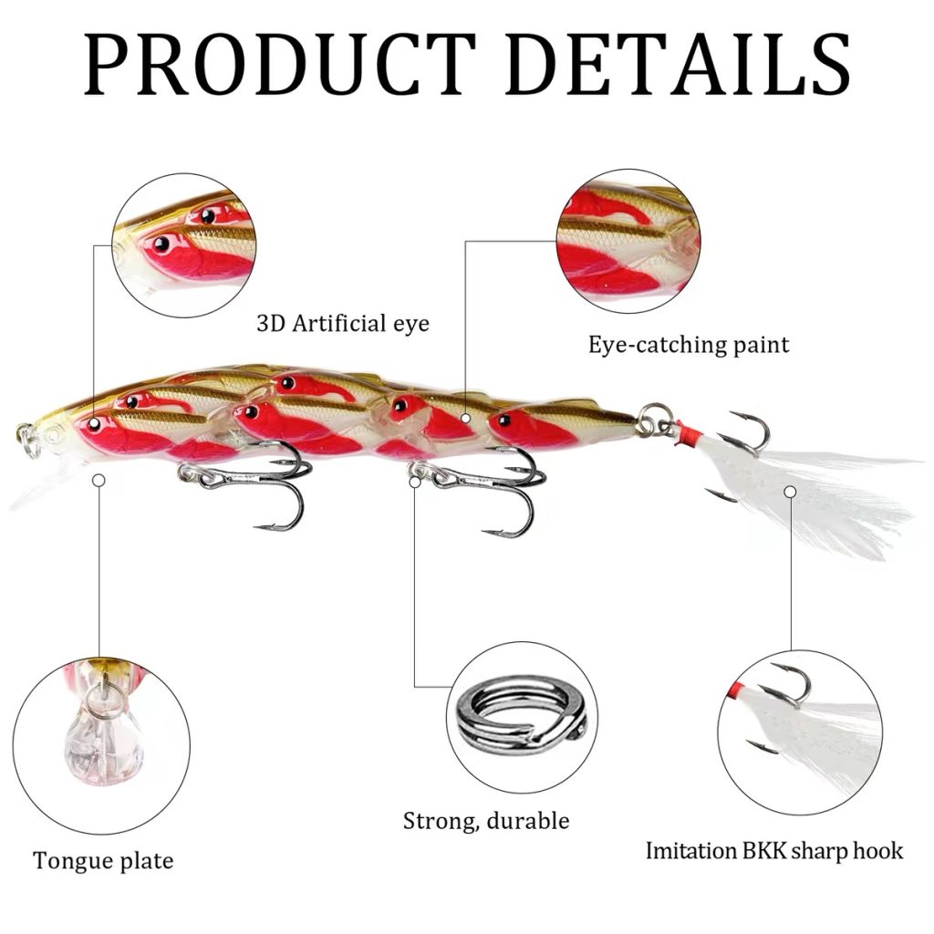 Realistic baitfish imitation lure with 3D eyes and feather tail hook