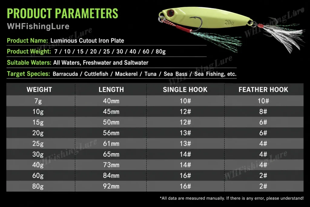 Glow metal jig specifications from 7g to 80g for freshwater and saltwater fishing