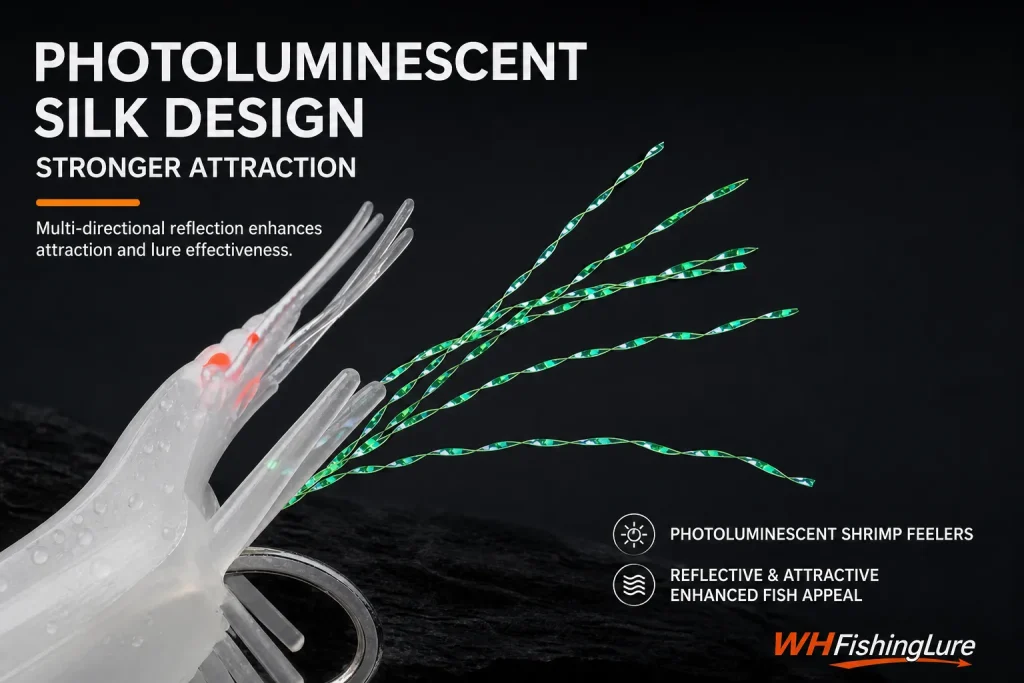 Photoluminescent shrimp lure with reflective luminous feelers