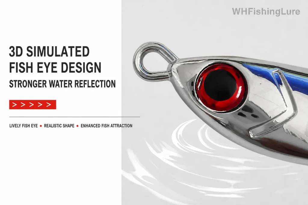 Reflective metal lure with 3D fish eye design for predator fishing