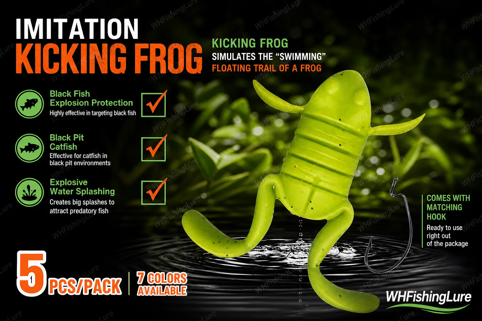 Topwater frog lure with kicking legs creating surface splash action
