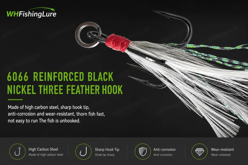 Metal jig with reinforced black nickel feather treble hook