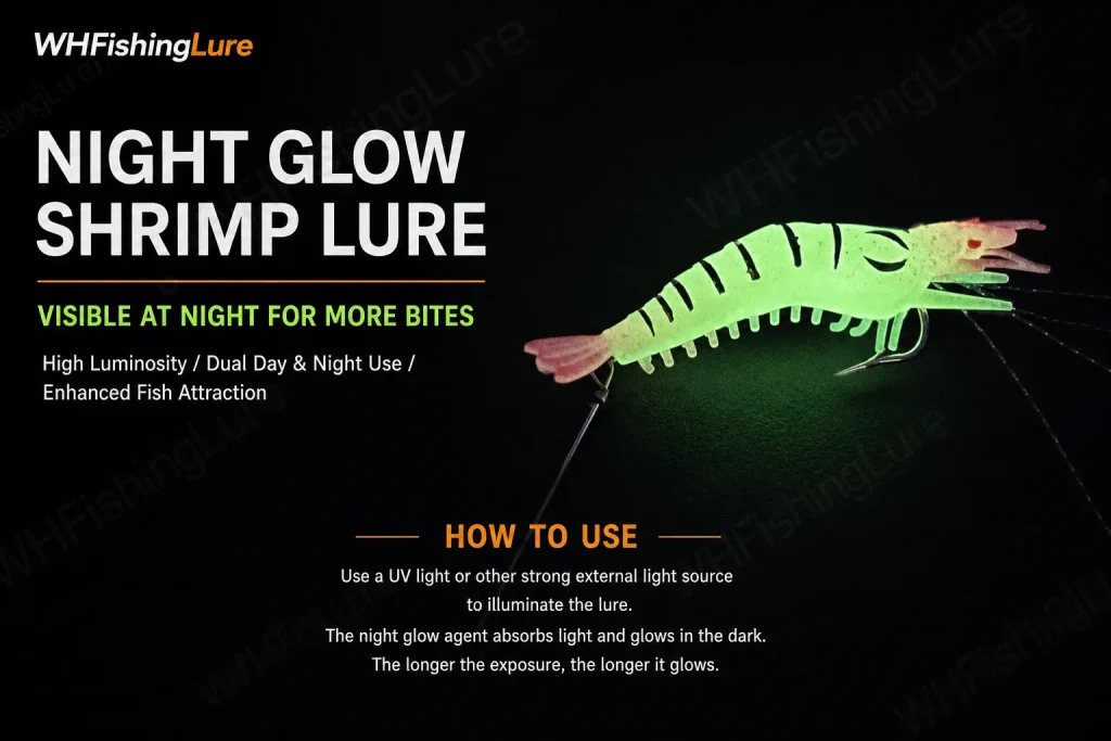 Night glow shrimp lure activated with UV light for night fishing
