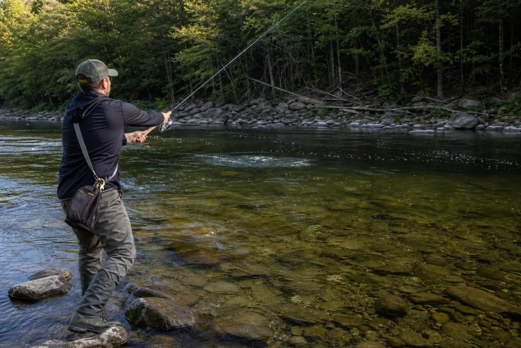 Angler casting a spinning rod toward surface-feeding smallmouth bass on a river