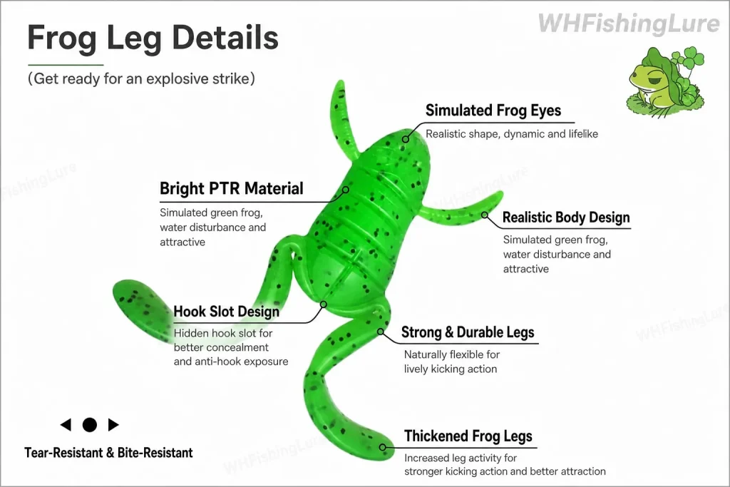 Realistic frog lure with 3D eyes and flexible kicking legs