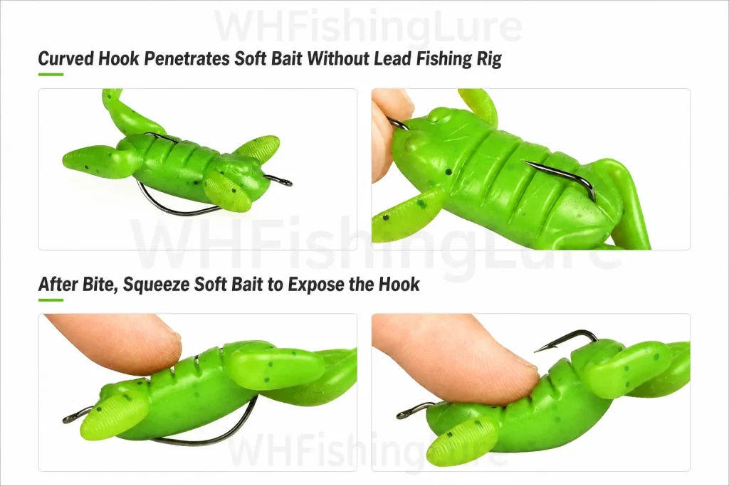 Weedless frog lure with concealed curved hook rigging
