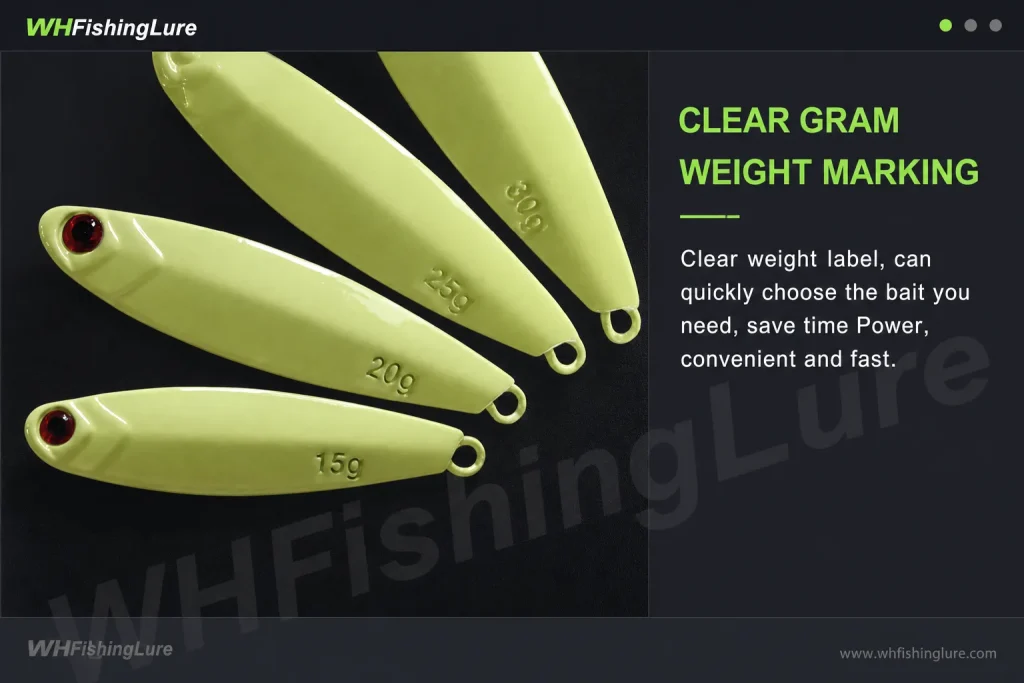 Metal jig weight markings for selecting different fishing lure sizes