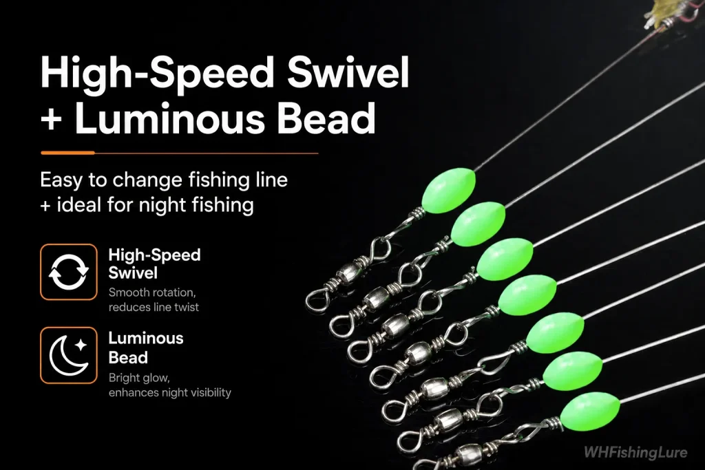 Shrimp lure with high speed swivel and luminous bead