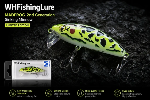 2nd generation sinking minnow lure with realistic frog pattern and sharp hooks
