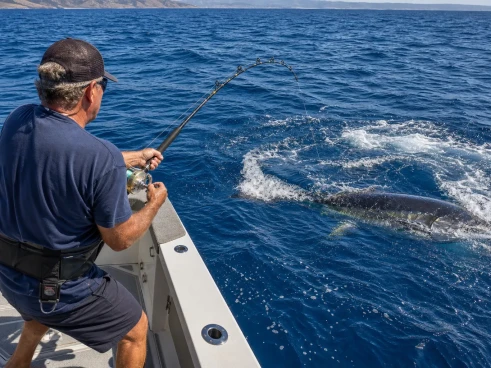 Angler fighting a Pacific bluefin tuna off the California coast from a sportfishing boat